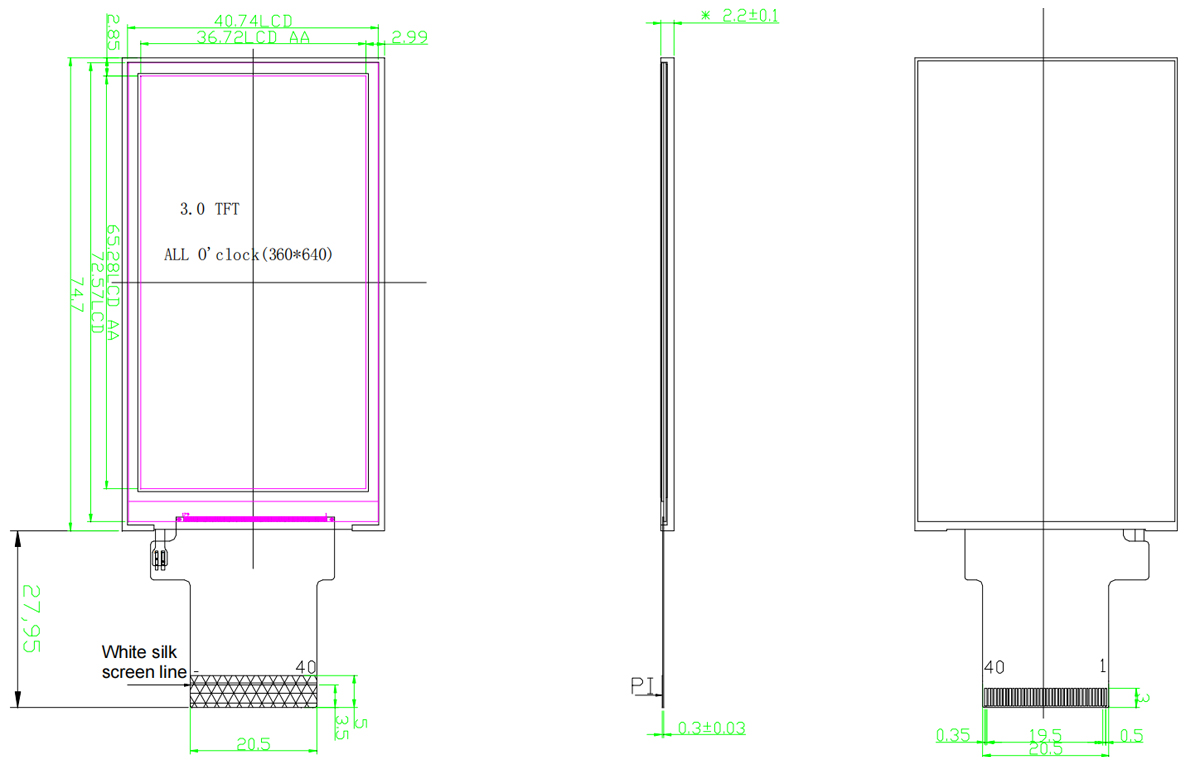 Drawing of 3 inch TFT LCD Screen