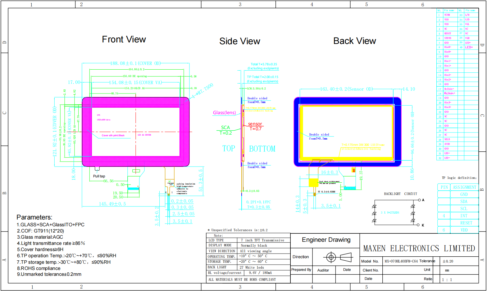 Drawing of 7 inch IPS LCD Touch screen