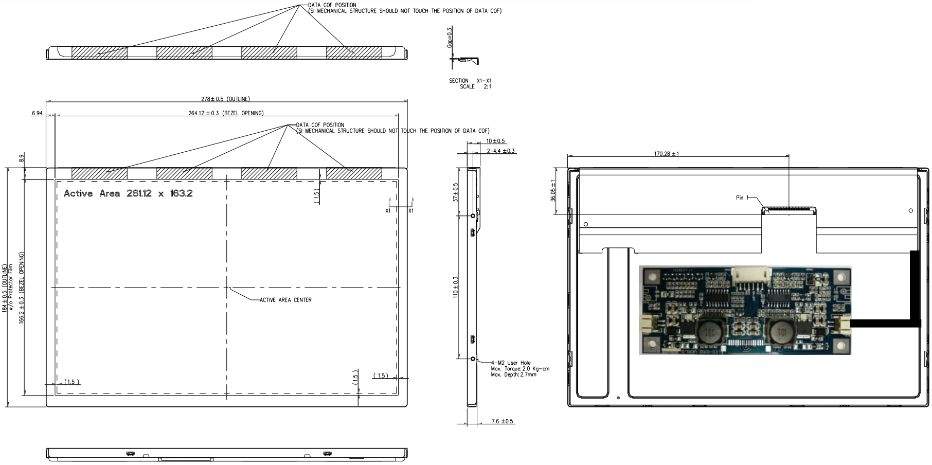 Drawing of 12.1 inch 1280x800 Industrial LCD Display