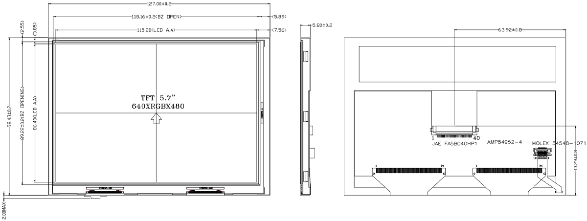 Drawing of 5.7 inch Industrial LCD Screen