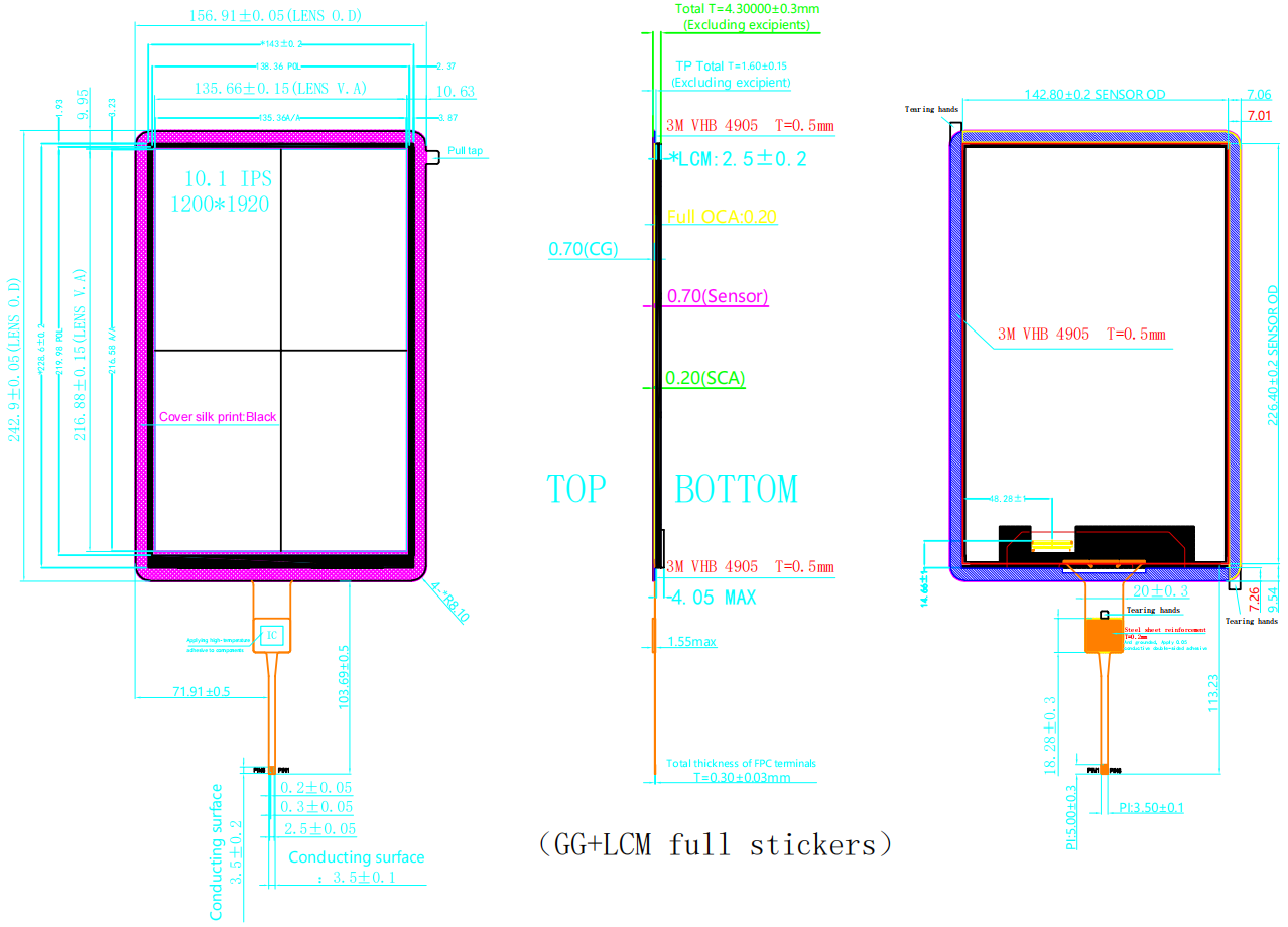 Drawing of 10.1 inch OCA bonding LCD touch display