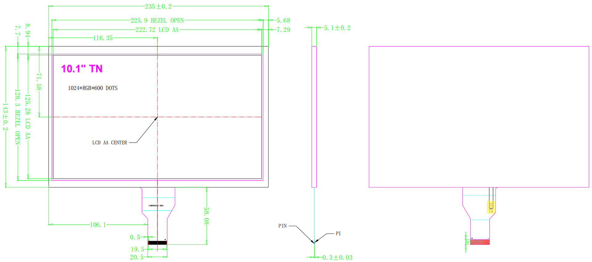 Drawing of 10.1 inch TFT lcd display