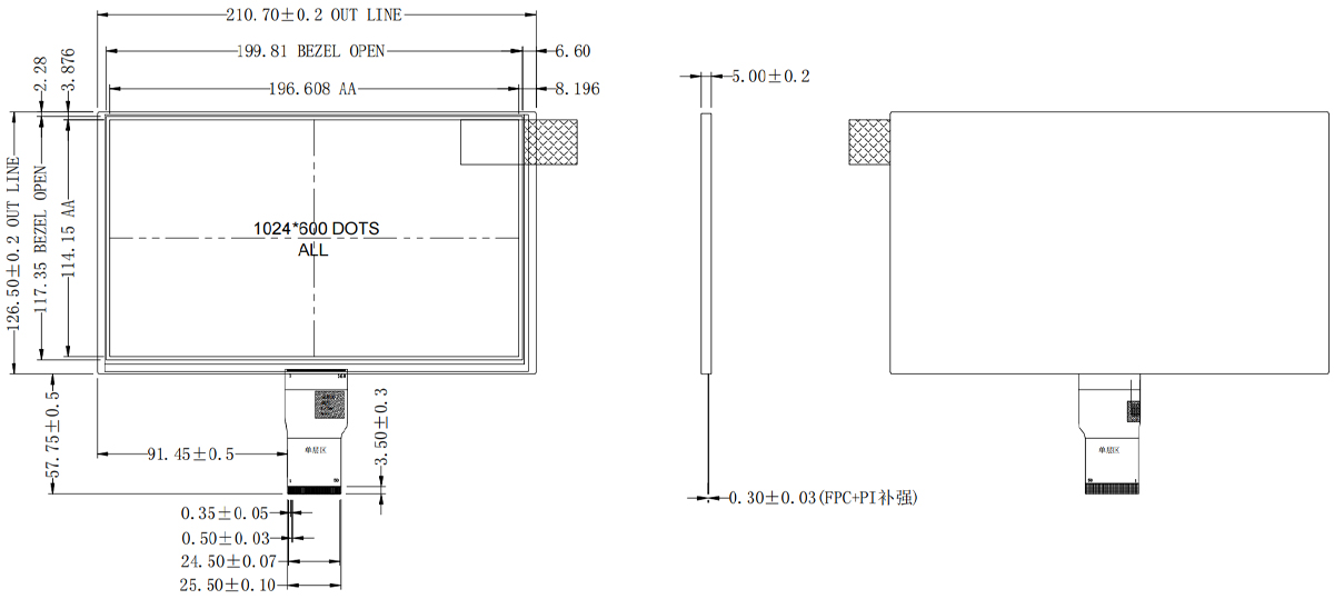 Drawing of 9 inch IPS TFT Display