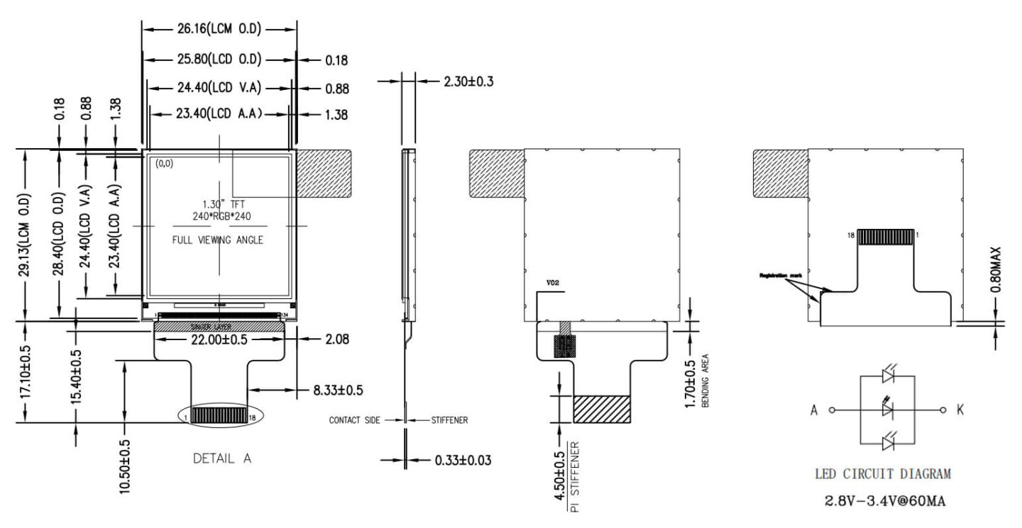 1.3 inch TFT Display Product Drawing