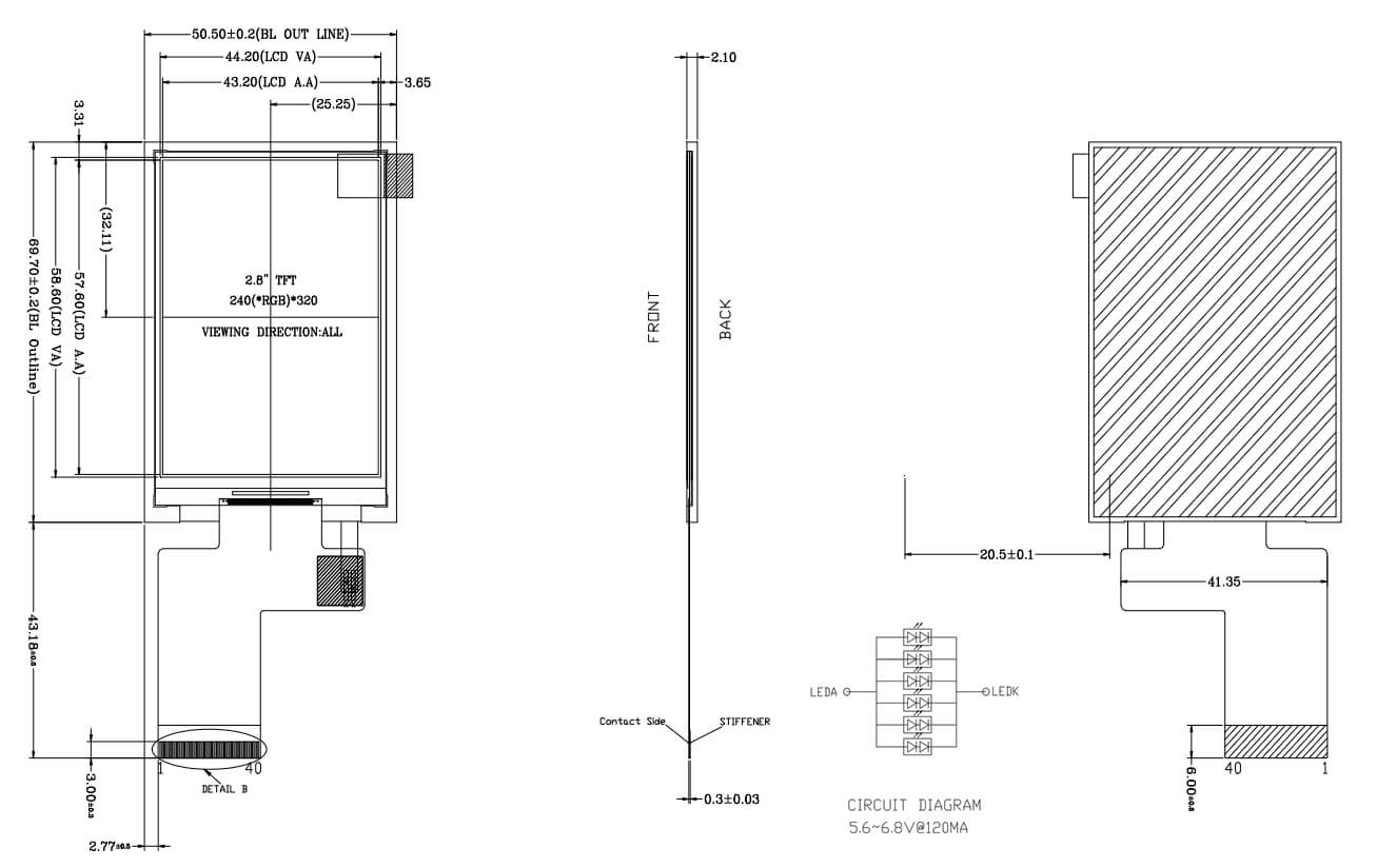 2.8 inch TFT Display Product Drawing
