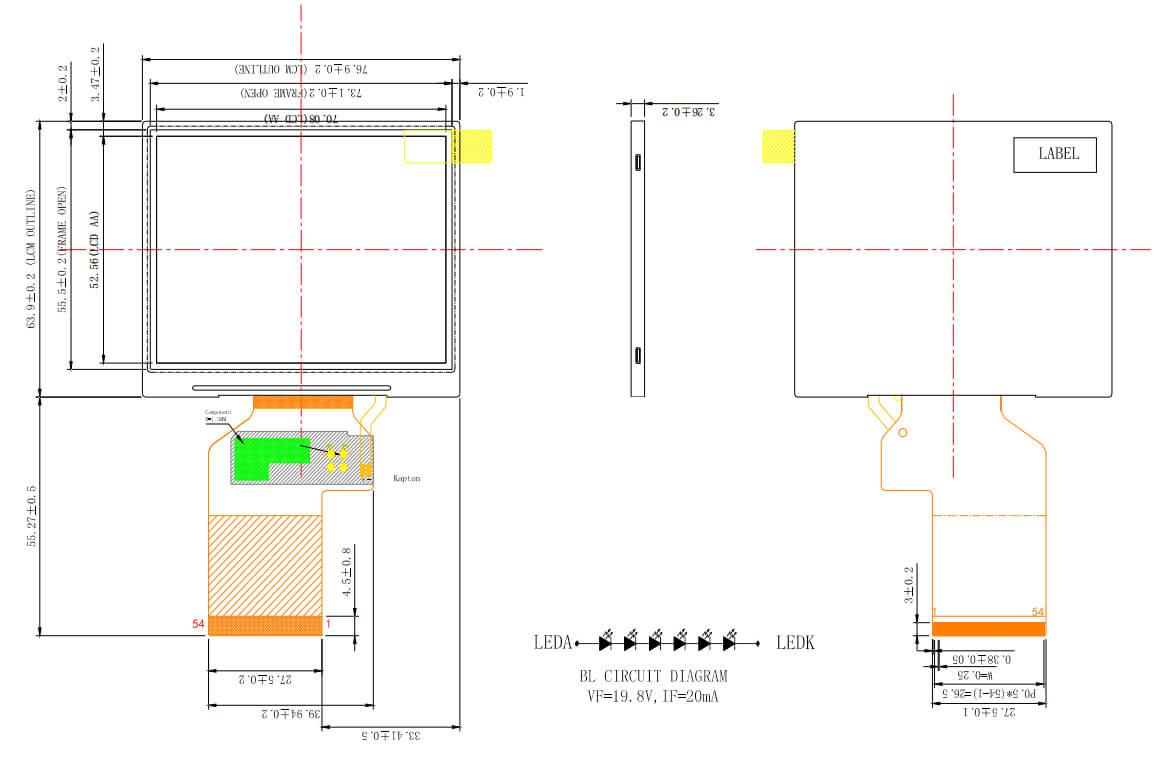 3.5 inch LCD Display Product Drawing