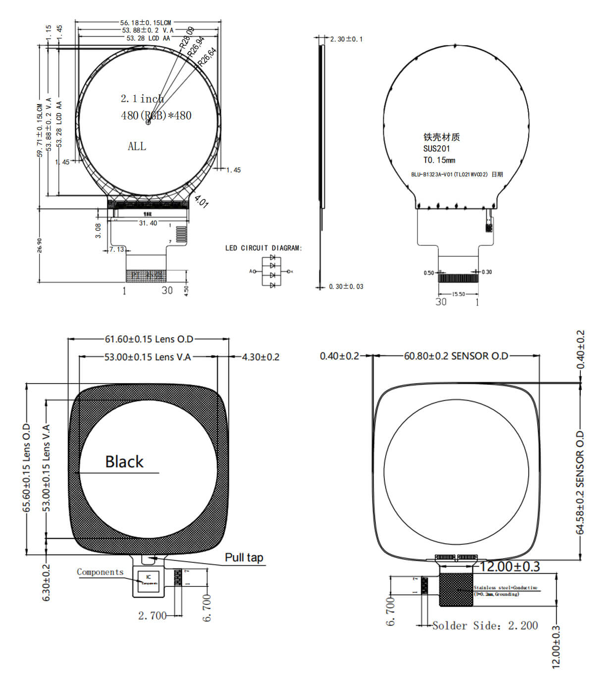2.1 inch Circular LCD Screen with Capacitive Touch Screen Product Drawing