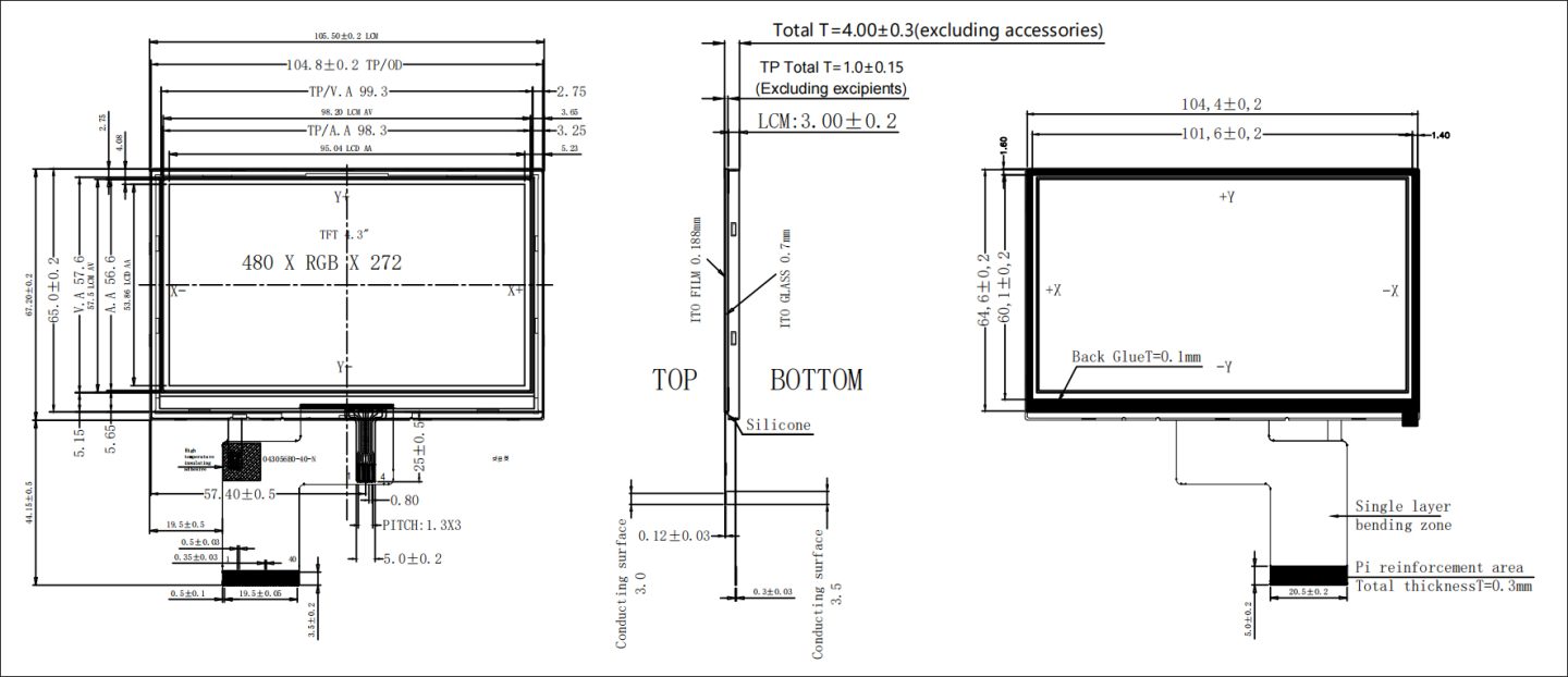 4.3 inch Resistive Touch LCD Screen Product Drawing
