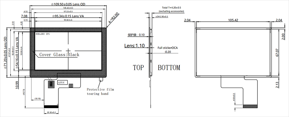4.3 inch LCD Display with OCA-Bonded Custom Cover Glass Product Drawing
