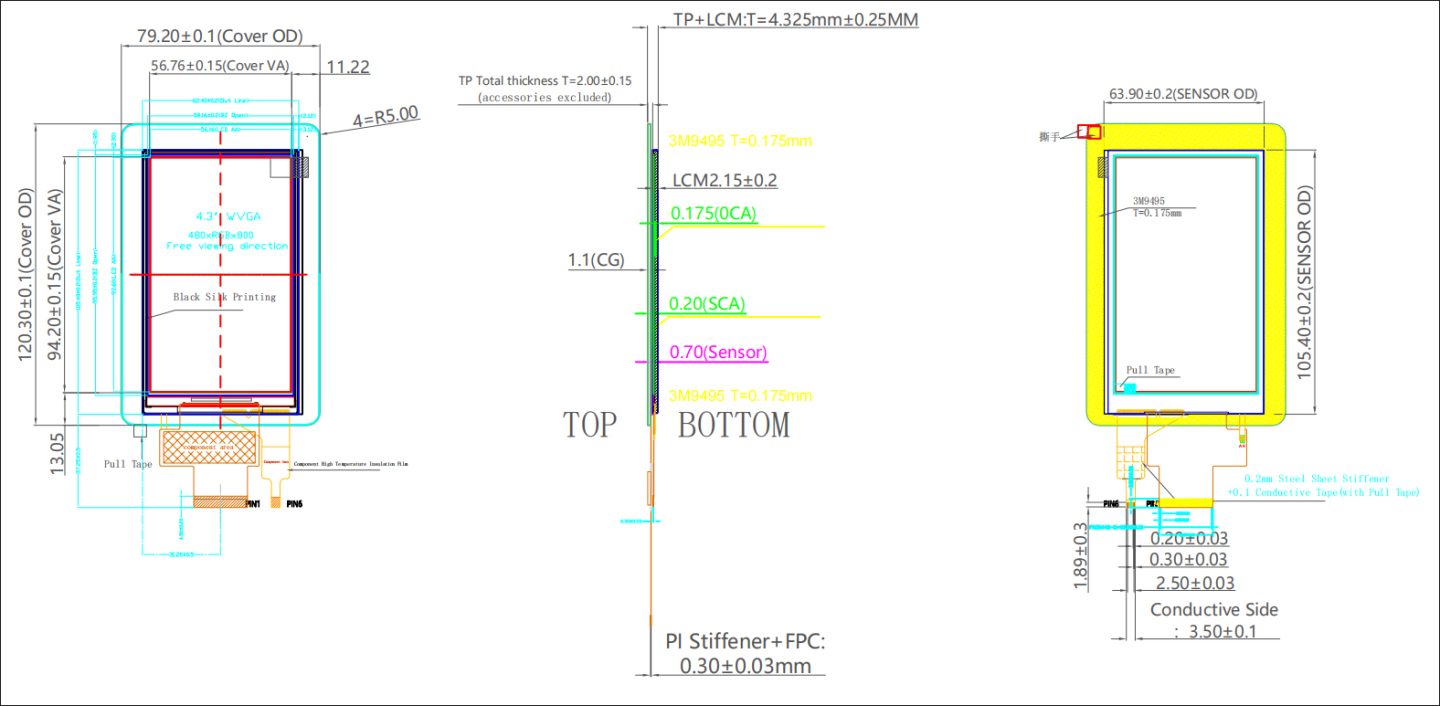 4.3 inch LCD Touch Screen Product Drawing