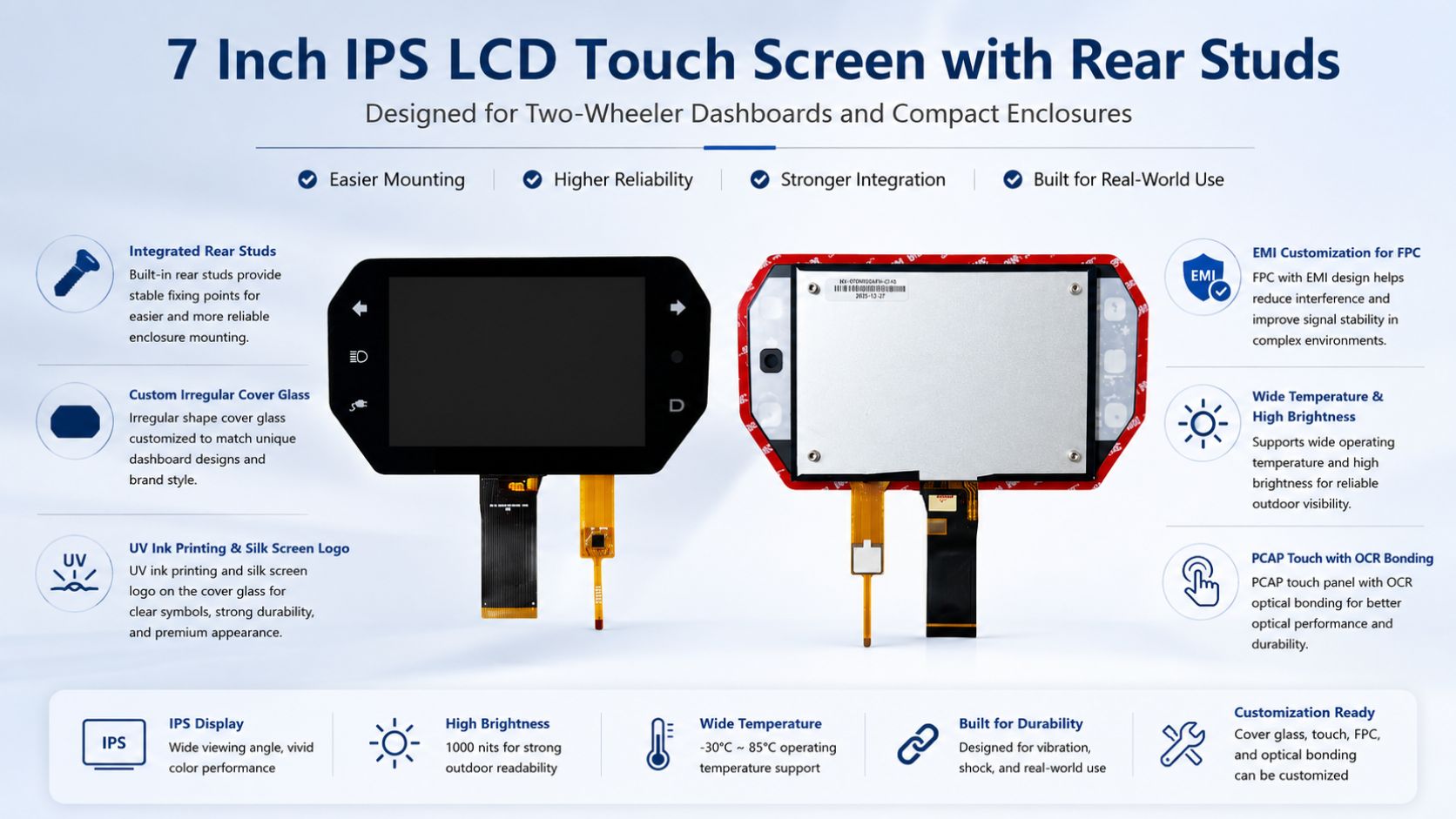 7 inch IPS LCD touch screen with rear studs for two-wheeler dashboard applications