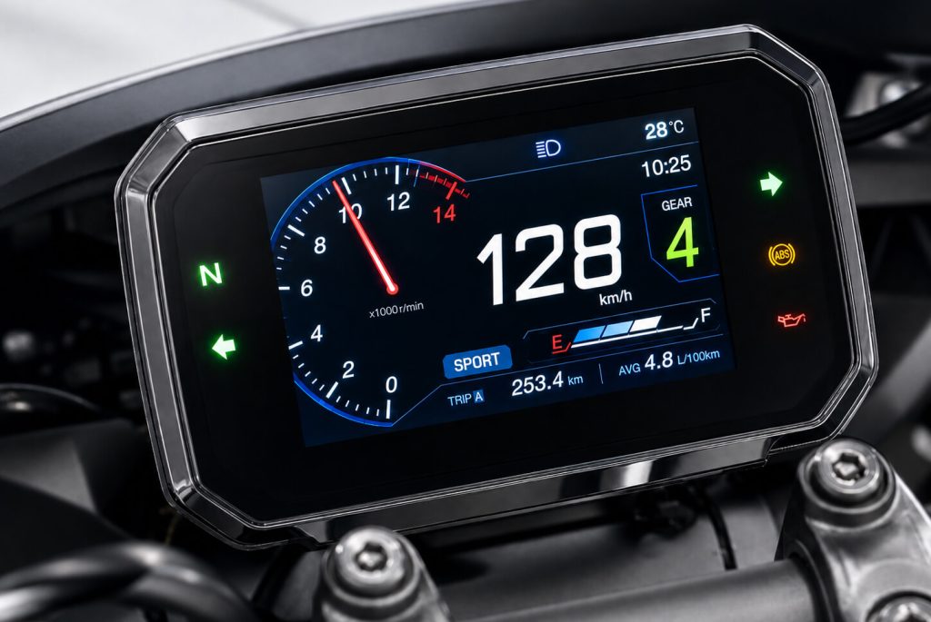 Motorcycle TFT Dashboard with Backlit Icons and Color Display